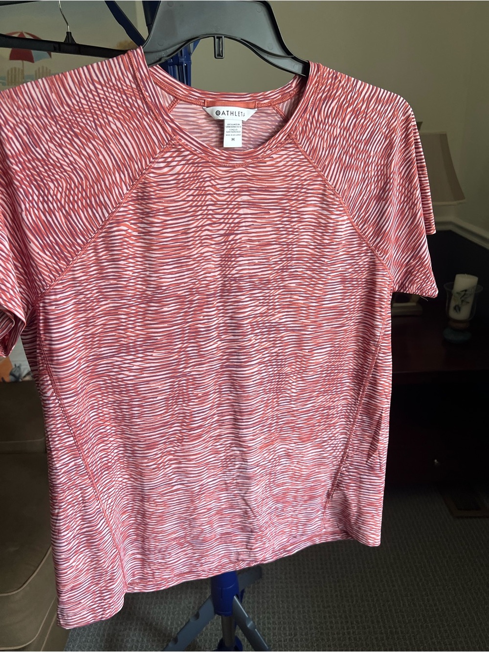 Athleta Women's Short Sleeve Performance Tee in Coral and White Stripe
